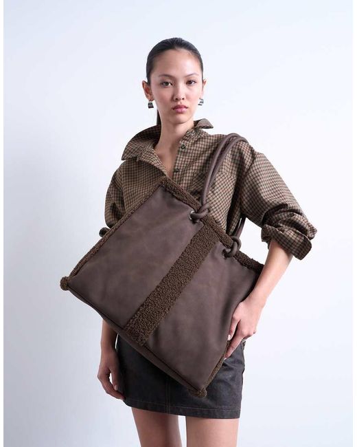 TOPSHOP Brown Tate Shearling Tote Bag