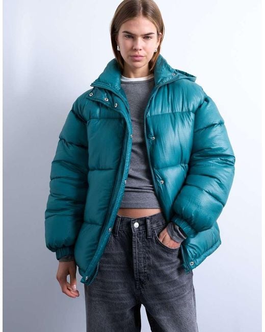 TOPSHOP Blue High Shine Ripstop Puffer Jacket