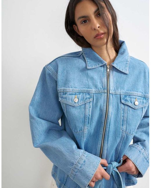 TOPSHOP Blue Denim Cinched Shoulder Pad Jacket