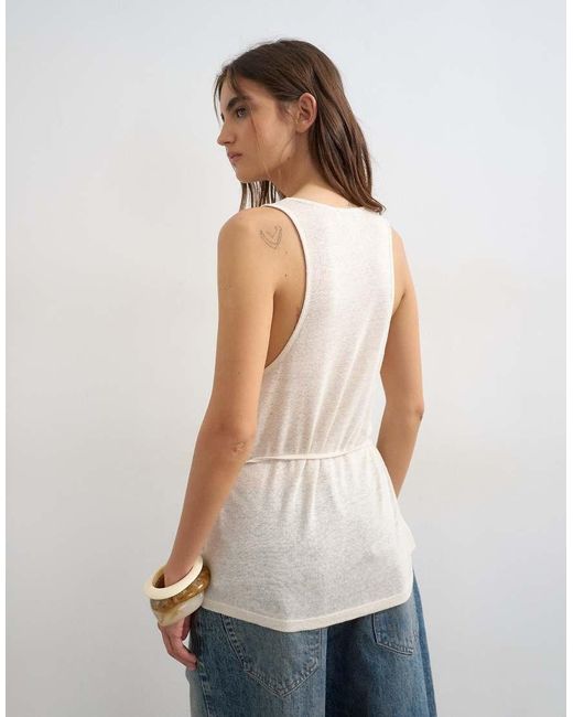 TOPSHOP Natural Scoop Neck Ruched Side Linen Look Top