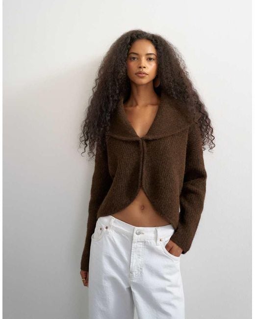TOPSHOP Brown Knitted Shawl Collared Cardigan