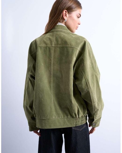 TOPSHOP Green Faux Suede Zip Through Seam Detail Jacket