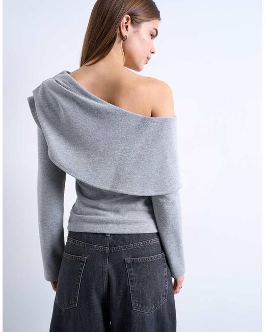 TOPSHOP Gray Asymmetric Soft Touch Bardot Drape Long Sleeve Top
