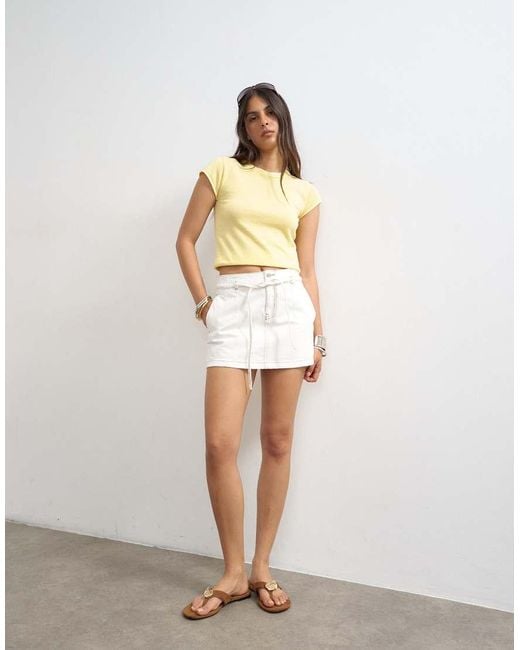 TOPSHOP White Denim Tie Dart Pelmet Mini Skirt