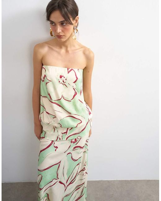 TOPSHOP White Satin Dropped Waist Blouson Bandeau Maxi Dress