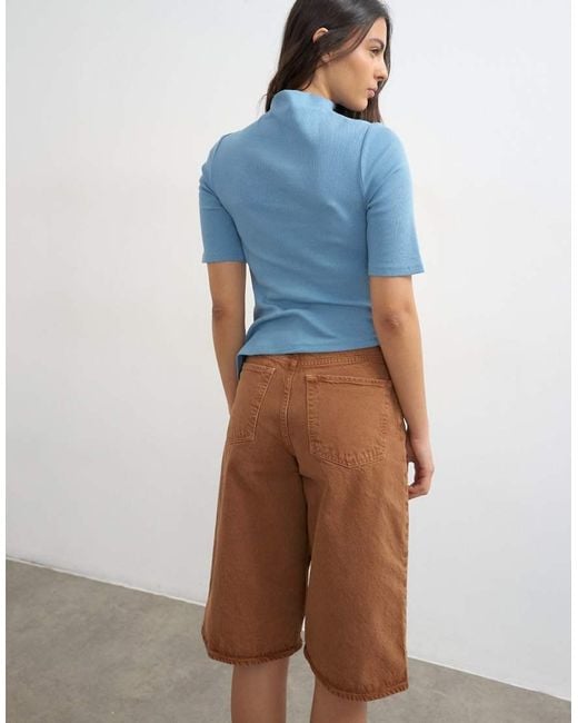 TOPSHOP Blue High Neck Ruffle Button Through Half Sleeve Top