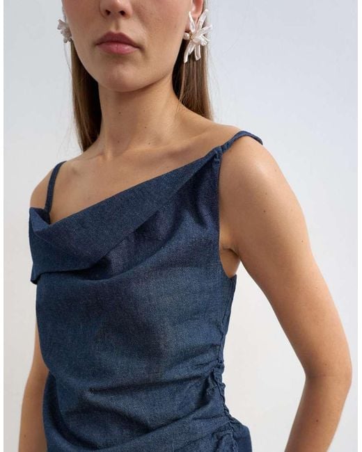 TOPSHOP Blue Denim Draped Neck Ruched Top