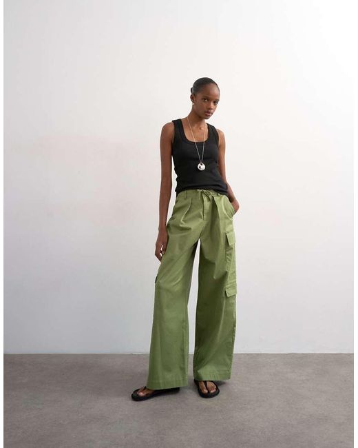 TOPSHOP Green Clean A Line Wide Leg Cargo With Tie Waist