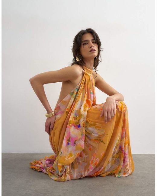 TOPSHOP Brown Premium Viscose Blouson Halter Neck Maxi Dress With Open Back And Train