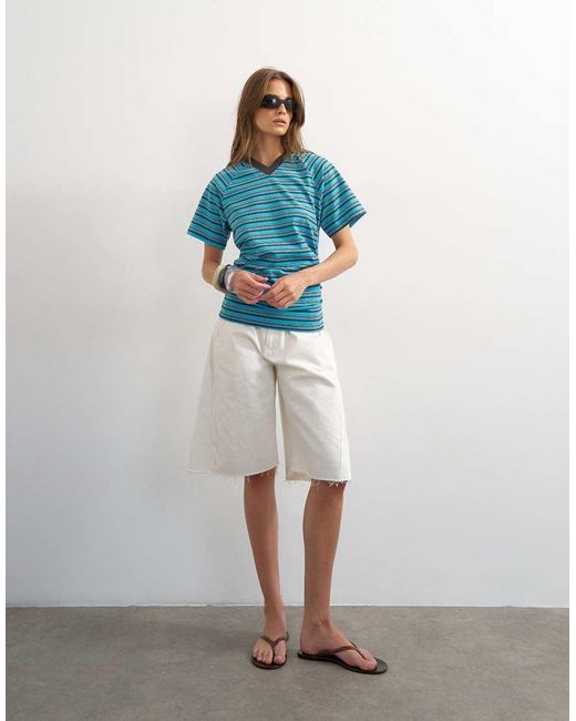 TOPSHOP Blue Micro V-Neck Ruched Side Tee