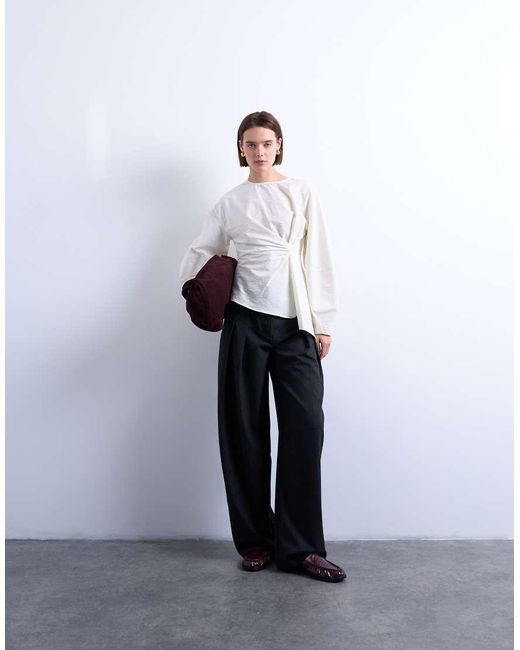 TOPSHOP White Long Sleeve Pleat Front Top