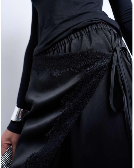 TOPSHOP Blue Satin Wrap Around With Lace Wide Leg Trouser