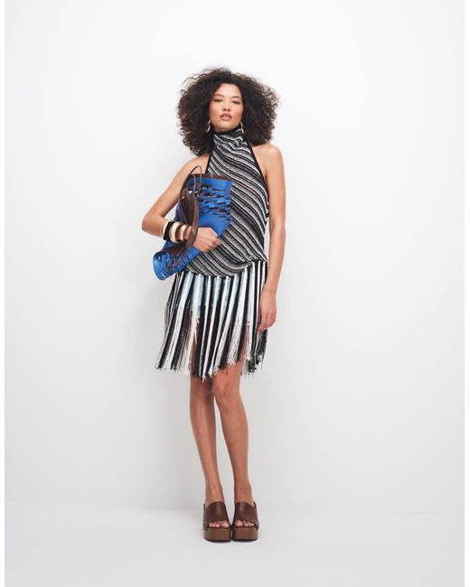 TOPSHOP Blue Knitted Stripe Halterneck Longline Fringing Tunic