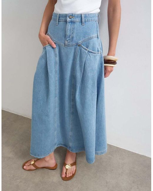 TOPSHOP Blue Denim Pleated Maxi Skirt