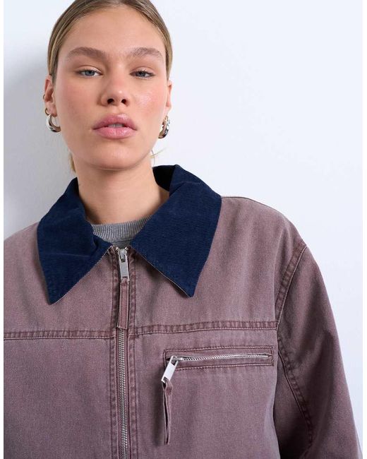 TOPSHOP Purple Barn Jacket With Contrast Collar Detail