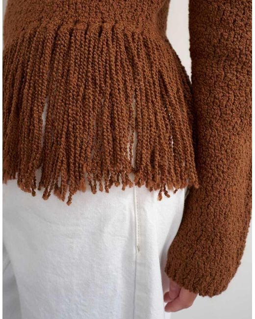 TOPSHOP Brown Knitted Asymmetric Fringe Jumper