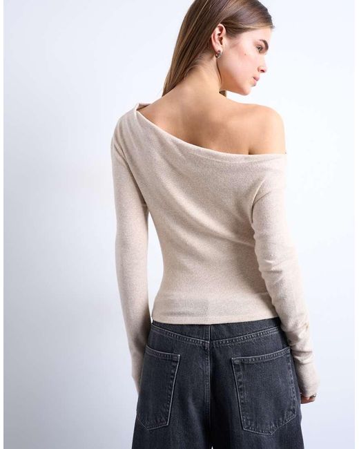 TOPSHOP Gray Ruched Off Shoulder Long Sleeve Top