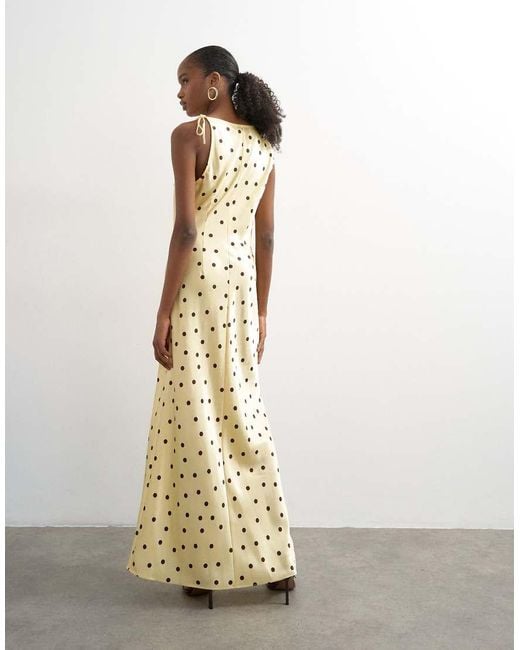 TOPSHOP Natural Satin Polka Dot Ruched Tie Shoulder Maxi Dress