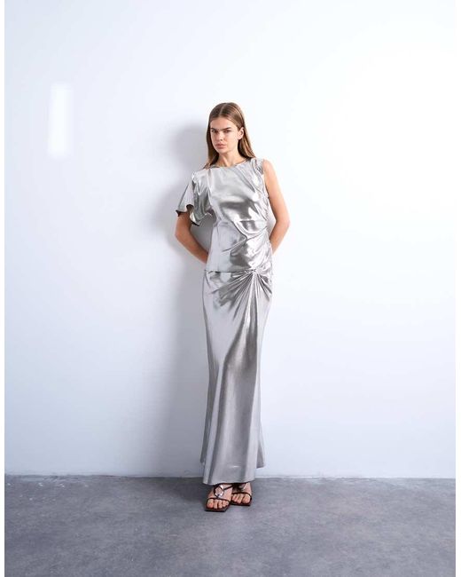 TOPSHOP Gray Liquid Look Metallic Ruched Side Top