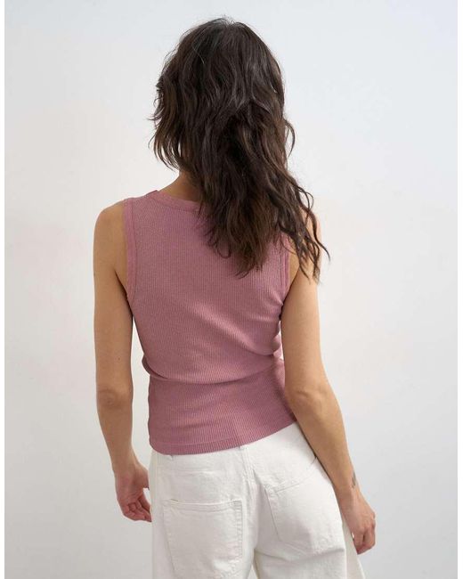 TOPSHOP Pink Washed Waffle Vest With Woven Trim