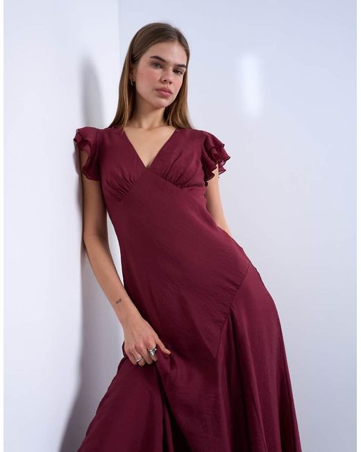 TOPSHOP Red Flutter Sleeve V-neck Midi Dress