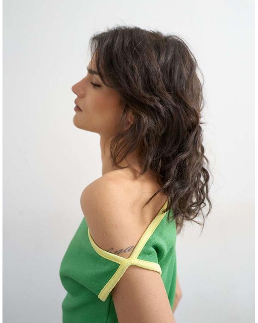 TOPSHOP Green Knitted Asymmetric Off Shoulder Top