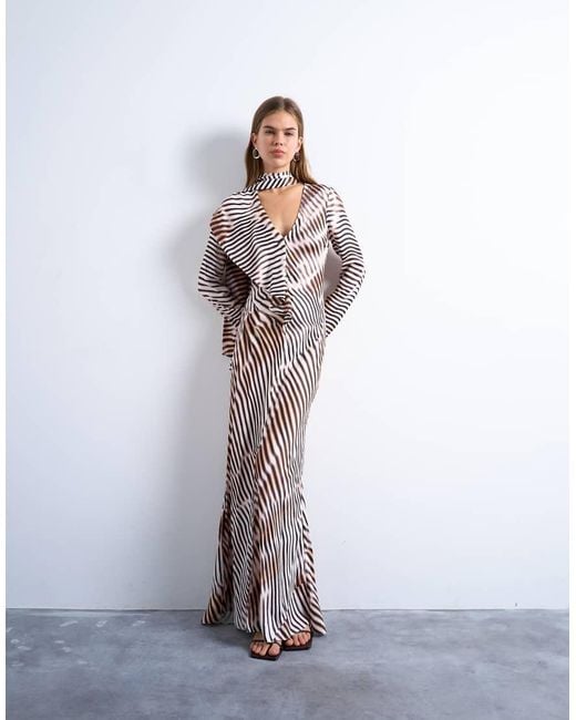TOPSHOP White Long Sleeve Ruffle Maxi Dress With Scarf Wrap Detail