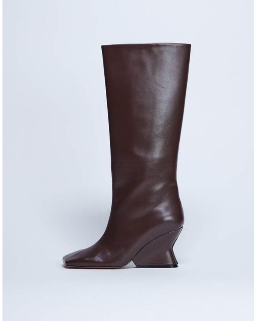 TOPSHOP Brown Selma Premium Leather Knee High Wedge Boot