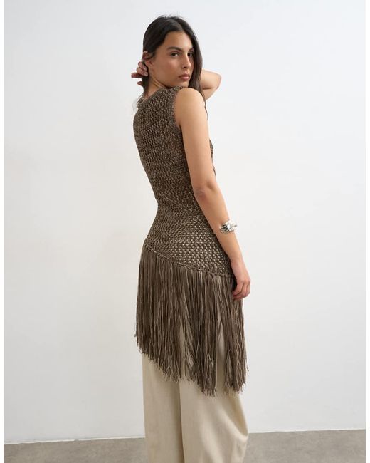 TOPSHOP Natural Knit Sleeveless Tape Fish Net Asymmetric Fringing Tassel Top