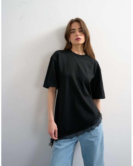 TOPSHOP Black Waisted Lace Trim Tee