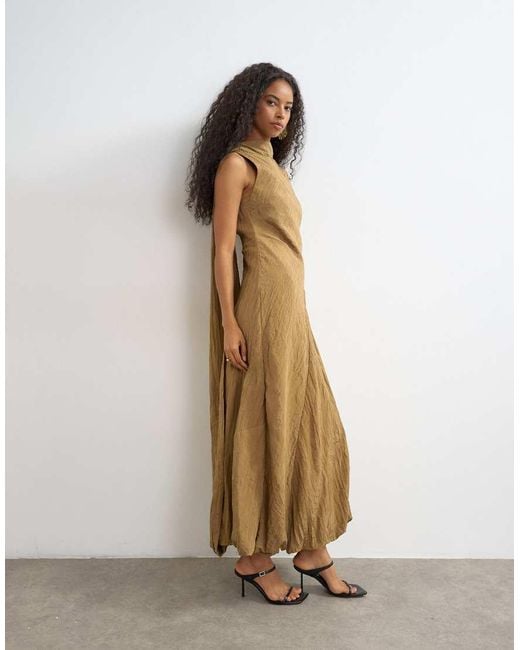 TOPSHOP Natural Crinkle Tuck Side Twist Shoulder Bubble Hem Maxi Dress