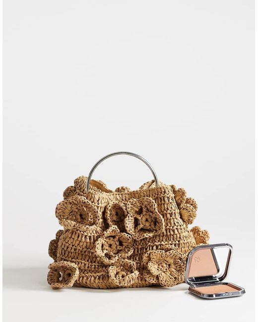 TOPSHOP Natural Millie Small Straw Flower Grab Bag With Metal Handle