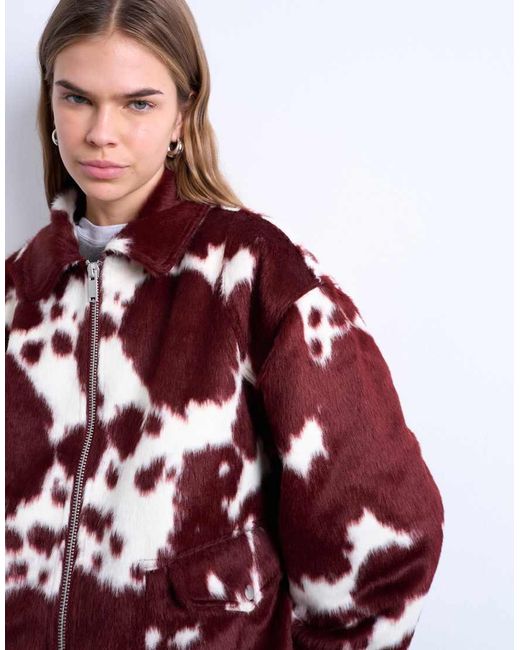 TOPSHOP Red Faux Fur Cow Print Bomber Jacket