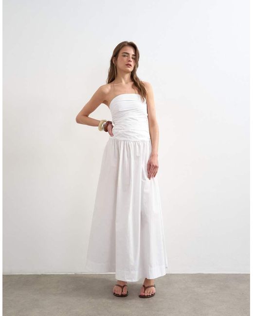 TOPSHOP White Poplin Ruched Bandeau Midi Dress