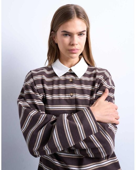 TOPSHOP Blue Stripe Rugby Long Sleeve Polo Top