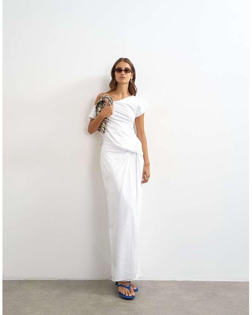 TOPSHOP White Premium Cotton Rich Jersey Draped Asymmetric Maxi Dress