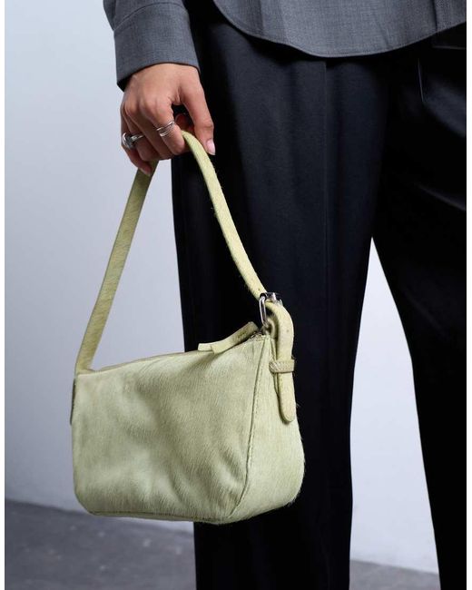TOPSHOP Green Stina Small Hair On Real Leather Shoulder Bag