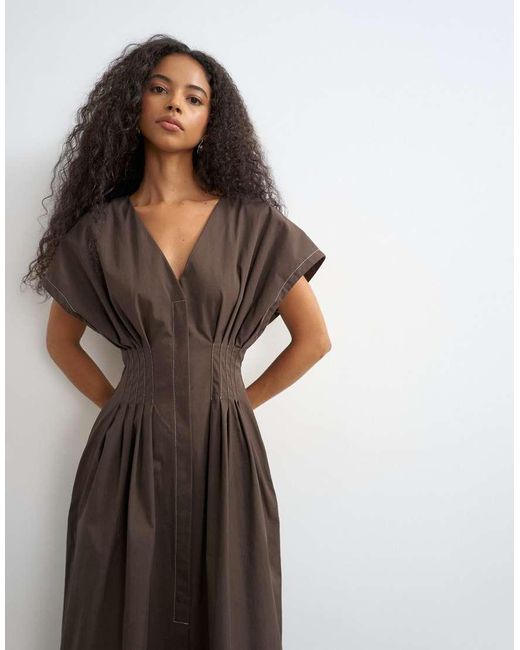 TOPSHOP Brown exaggerated Shoulder Dress With Cinched Pintuck Waist