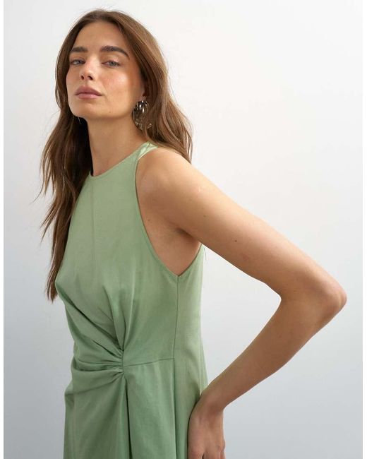 TOPSHOP Green Cotton Twill Racer Neck Maxi Dress With Tuck Side Detail