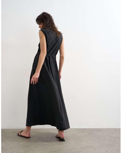 TOPSHOP Blue Crinkle V Neck Zip Front Utility Maxi Dress