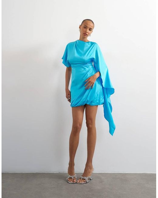 TOPSHOP Blue Satin Cape Sleeve Draped Mini Dress