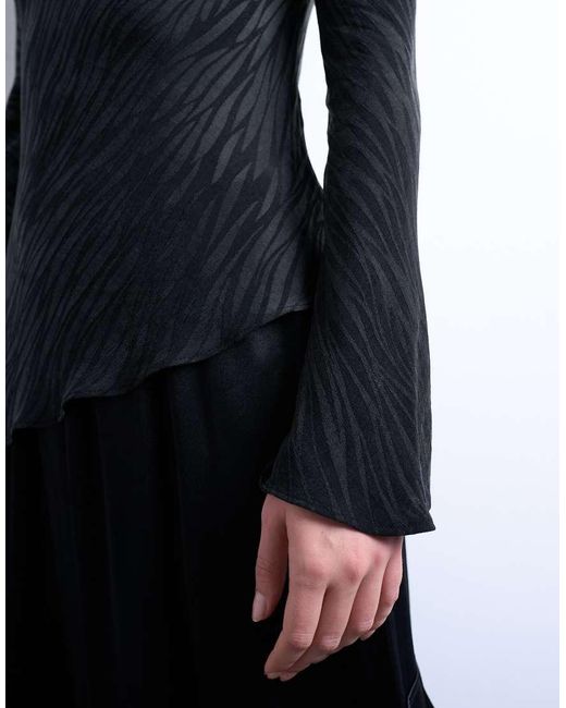 TOPSHOP Blue Jaquard Zebra Slash Neck Long Sleeve