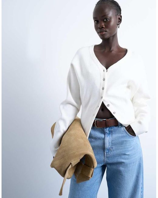 TOPSHOP White Knit V-neck Longline Compact Fitted Waist Cardigan