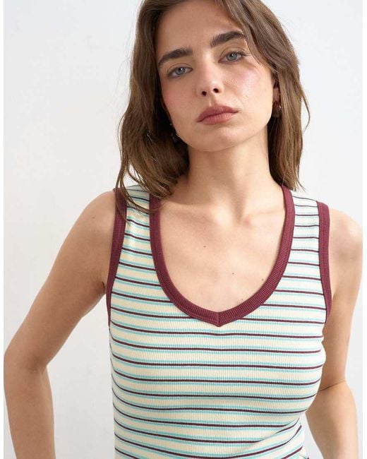TOPSHOP Blue Stripe Rib V-neck Singlet