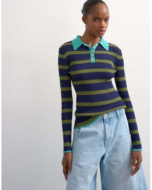 TOPSHOP Blue Knitted Striped Collar Polo