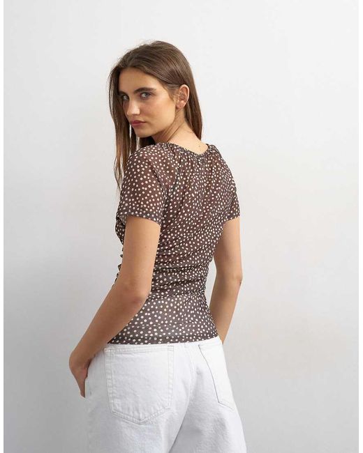 TOPSHOP Brown Polka Dot Mesh Key Hole Detail Short Sleeve Top