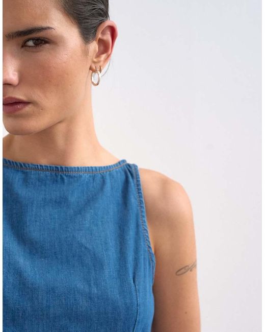 TOPSHOP Blue Denim Slash Neck Flippy Mini Dress