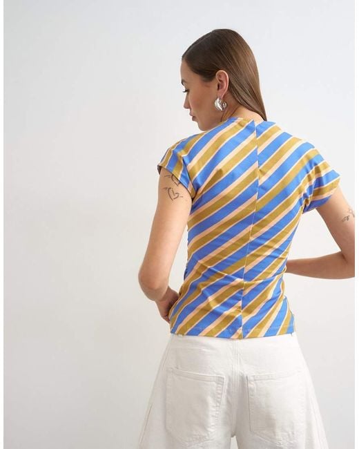 TOPSHOP Blue Striped Wrap Front Ruched Top