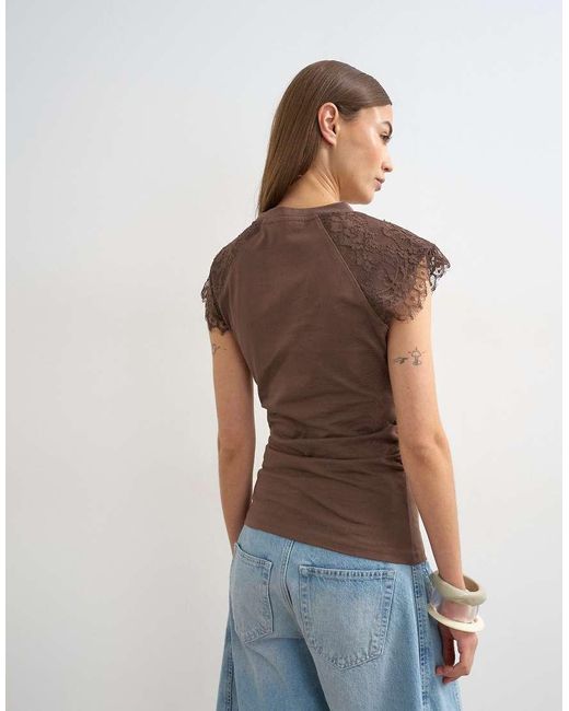 TOPSHOP Blue Lace Detail Cap Sleeve Tee