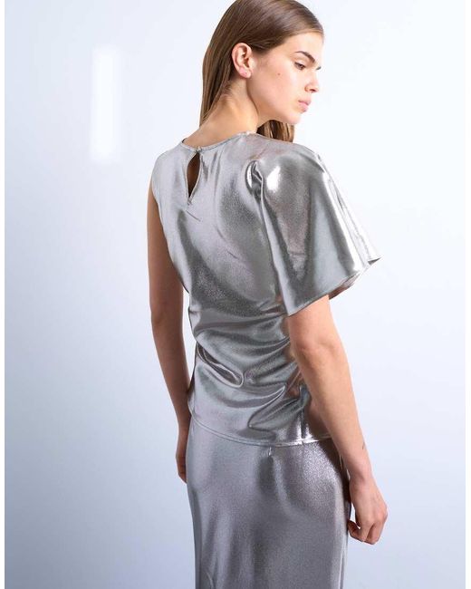 TOPSHOP Gray Liquid Look Metallic Ruched Side Top